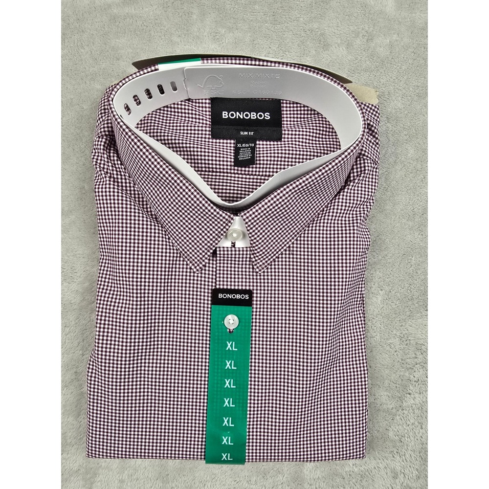 Bonobos Tech Dress Shirt Mens XL Burgundy Gingham Slim Fit Long Sleeve Button Up